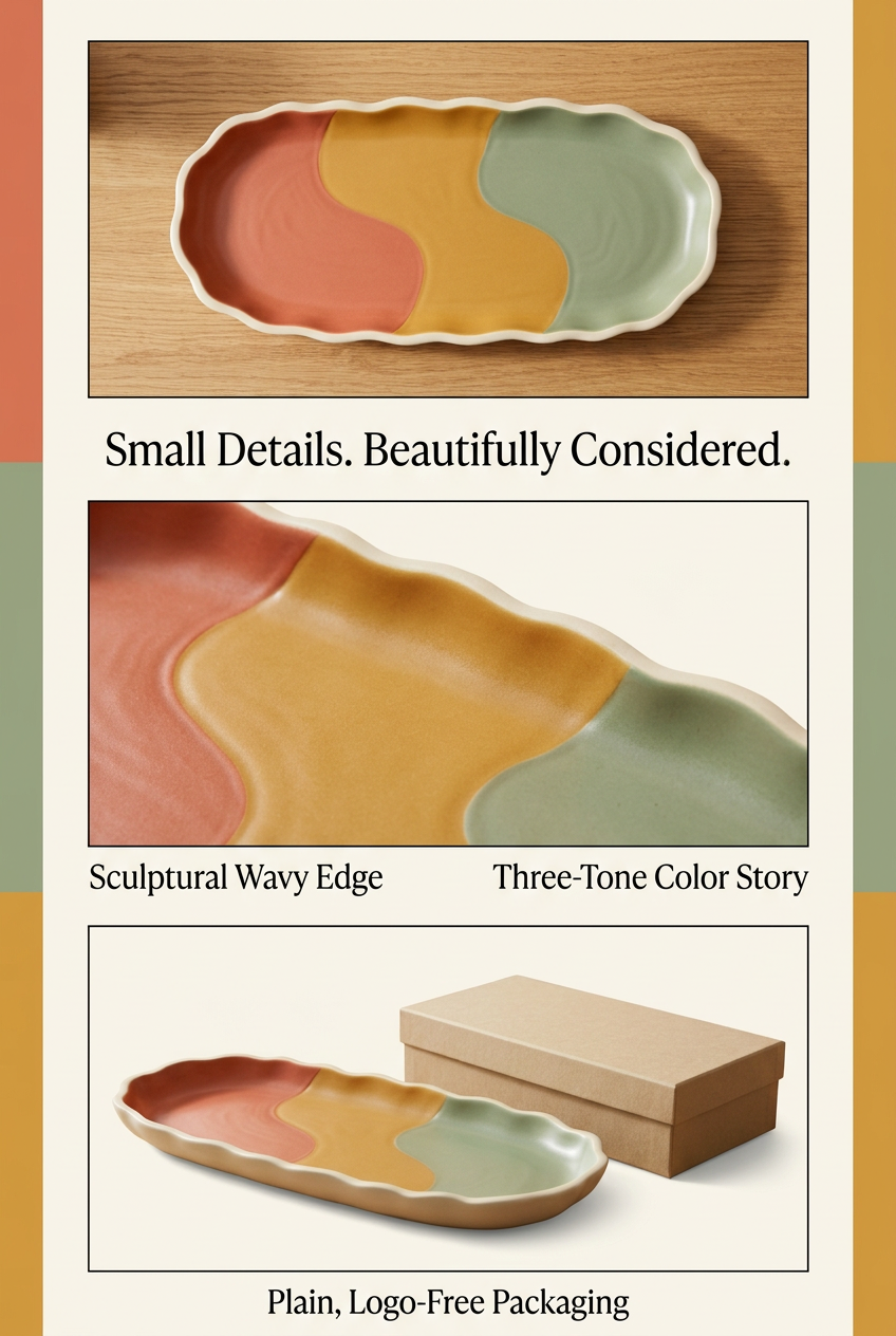 Detail layout showing scalloped edge three-tone interior and logo-free packaging