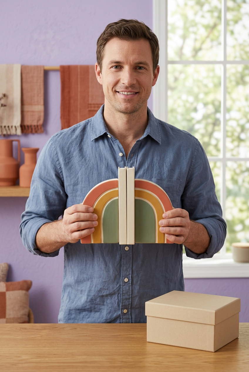 Male model holding the colorful arch bookend pair with books between them