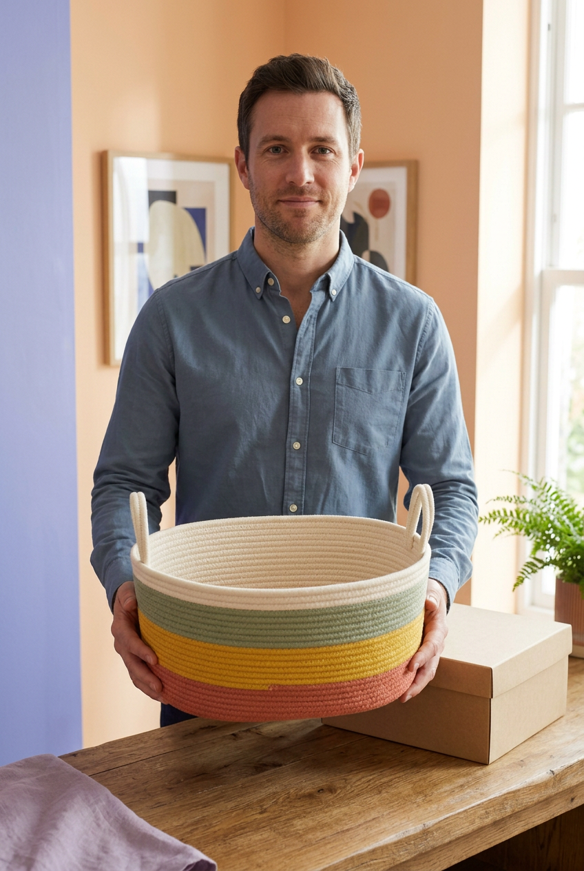 Male model holding striped Gather Coast basket with plain beige packaging nearby