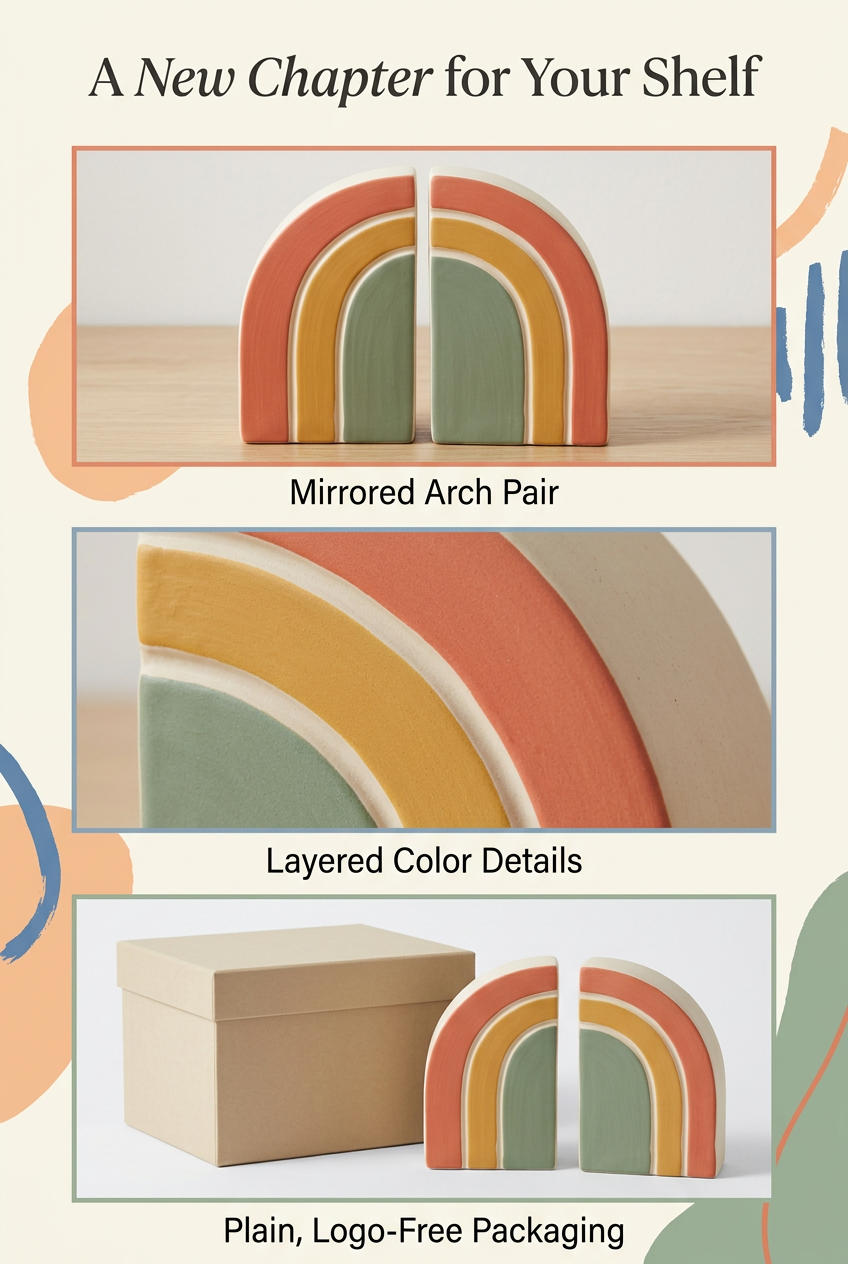 English product detail graphic showing mirrored arches color bands and logo-free packaging