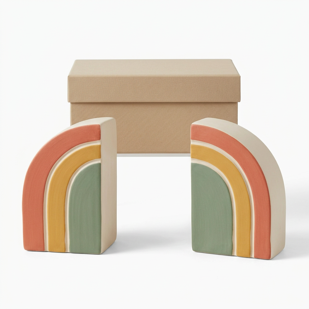 Two colorful mirrored bookends and a plain beige box on a white background