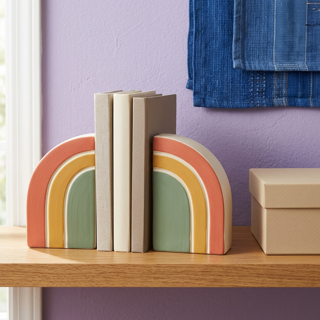Mirrored coral mustard and sage arch bookends framing neutral books beside a plain beige box