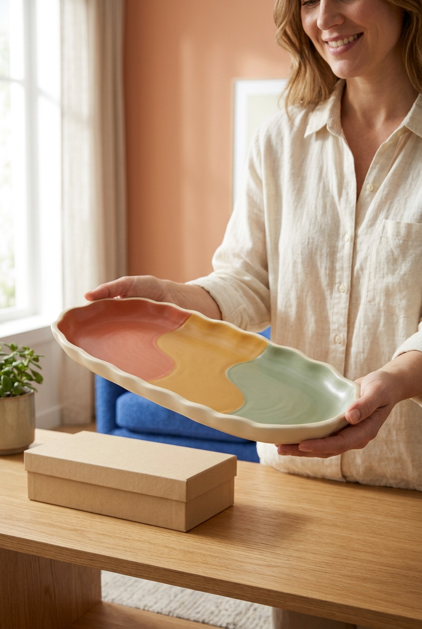 Female model holding the colorful scalloped tray beside its plain beige box