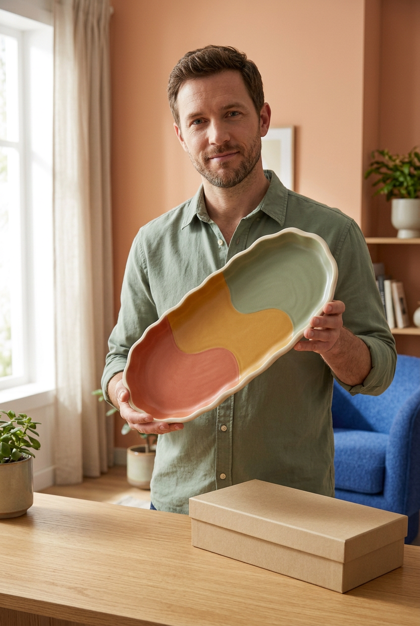 Male model holding the colorful scalloped tray with plain beige packaging nearby