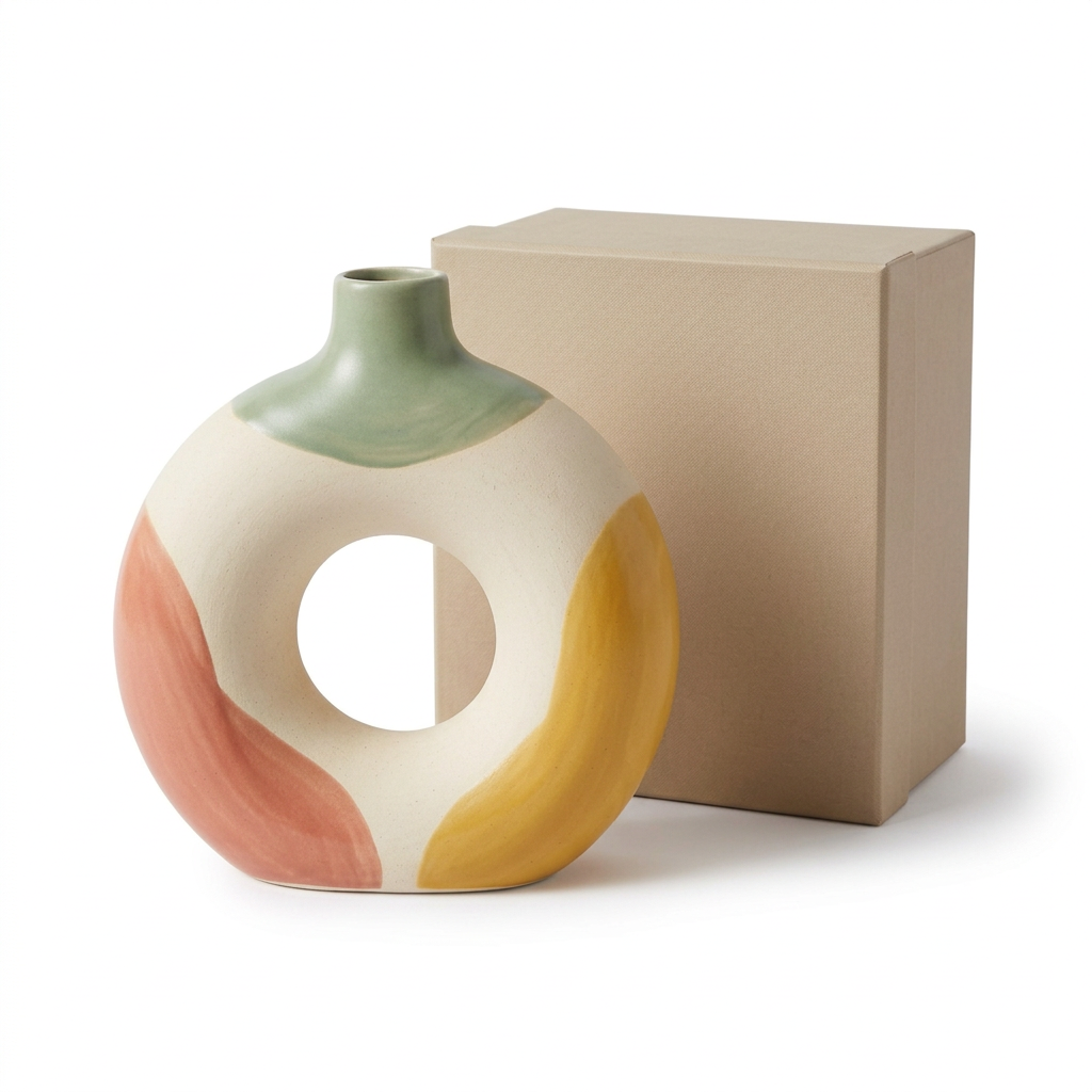 Cream coral mustard and sage ring vase with beige box on white background