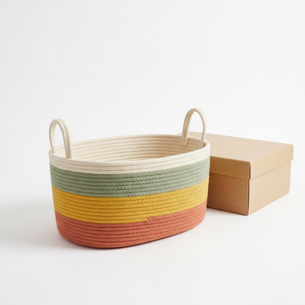Striped oval storage basket with cream interior and plain beige box on white background