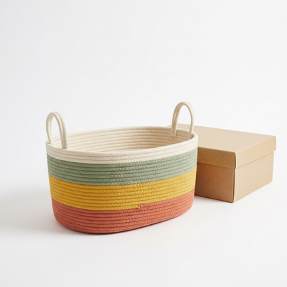Striped oval storage basket with cream interior and plain beige box on white background