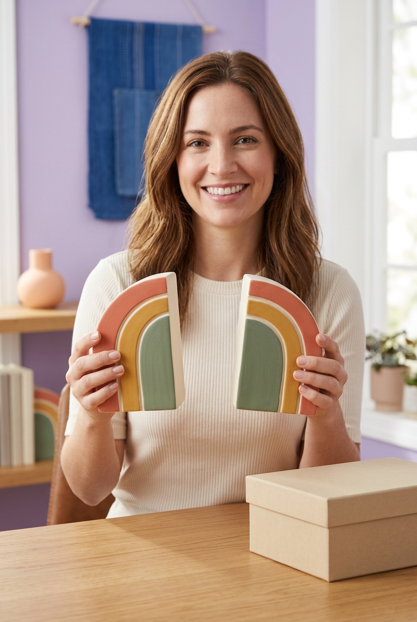 Female model holding one Chapter Arc bookend in each hand beside a beige box