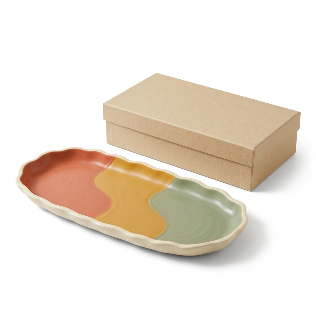 Scalloped tray and plain beige lidded box on a white background