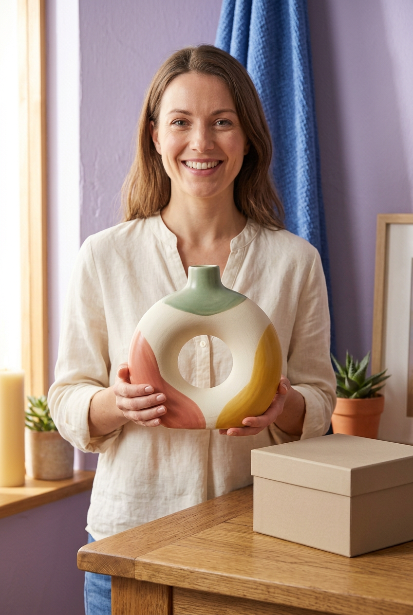 Female model holding the Aura Loop vase beside plain beige packaging
