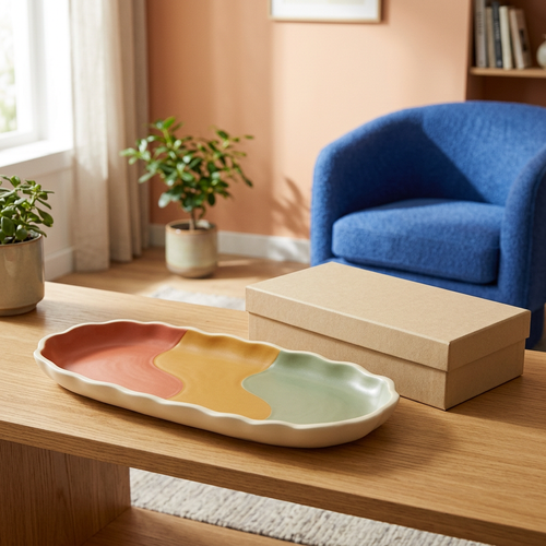 Colorful scalloped catchall tray beside a plain beige box in a sunlit living room