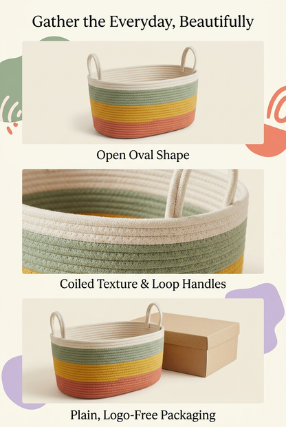 English graphic showing oval shape coiled texture loop handles and logo-free packaging