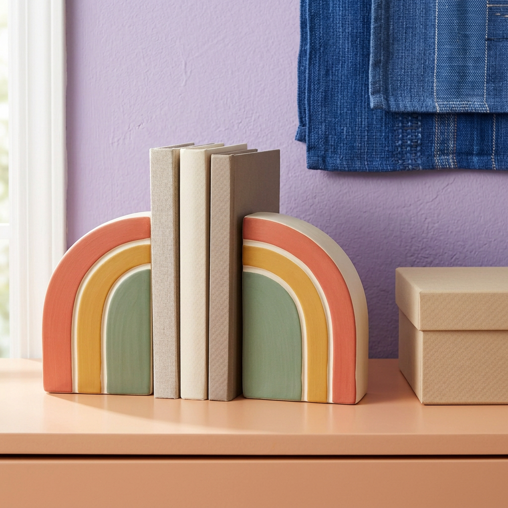 Chapter Arc bookend pair on a peach tabletop with books and plain packaging