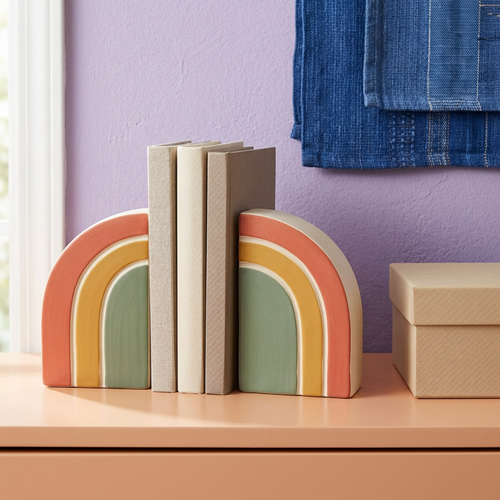 Chapter Arc bookend pair on a peach tabletop with books and plain packaging