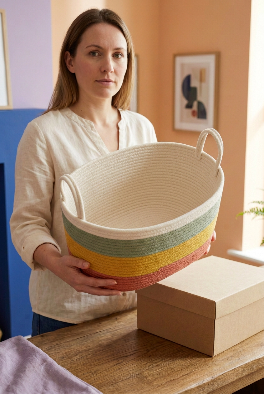 Female model supporting Gather Coast basket showing cream interior beside beige packaging