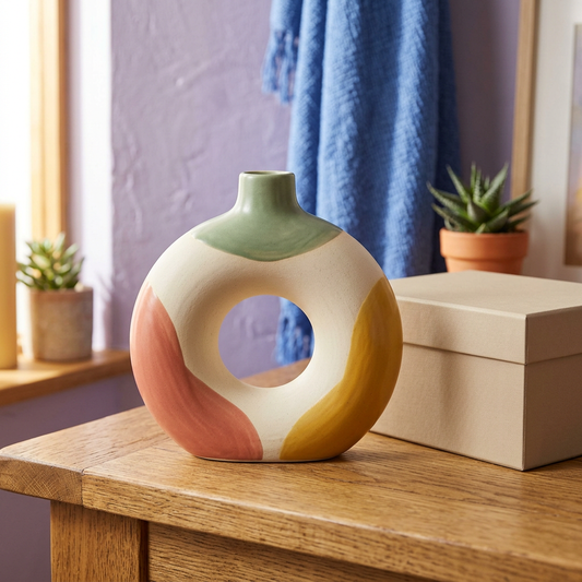 Aura Loop colorful ring vase and plain beige box on an oak console