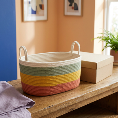 Oval striped basket in coral mustard and sage with ivory loops beside plain beige packaging