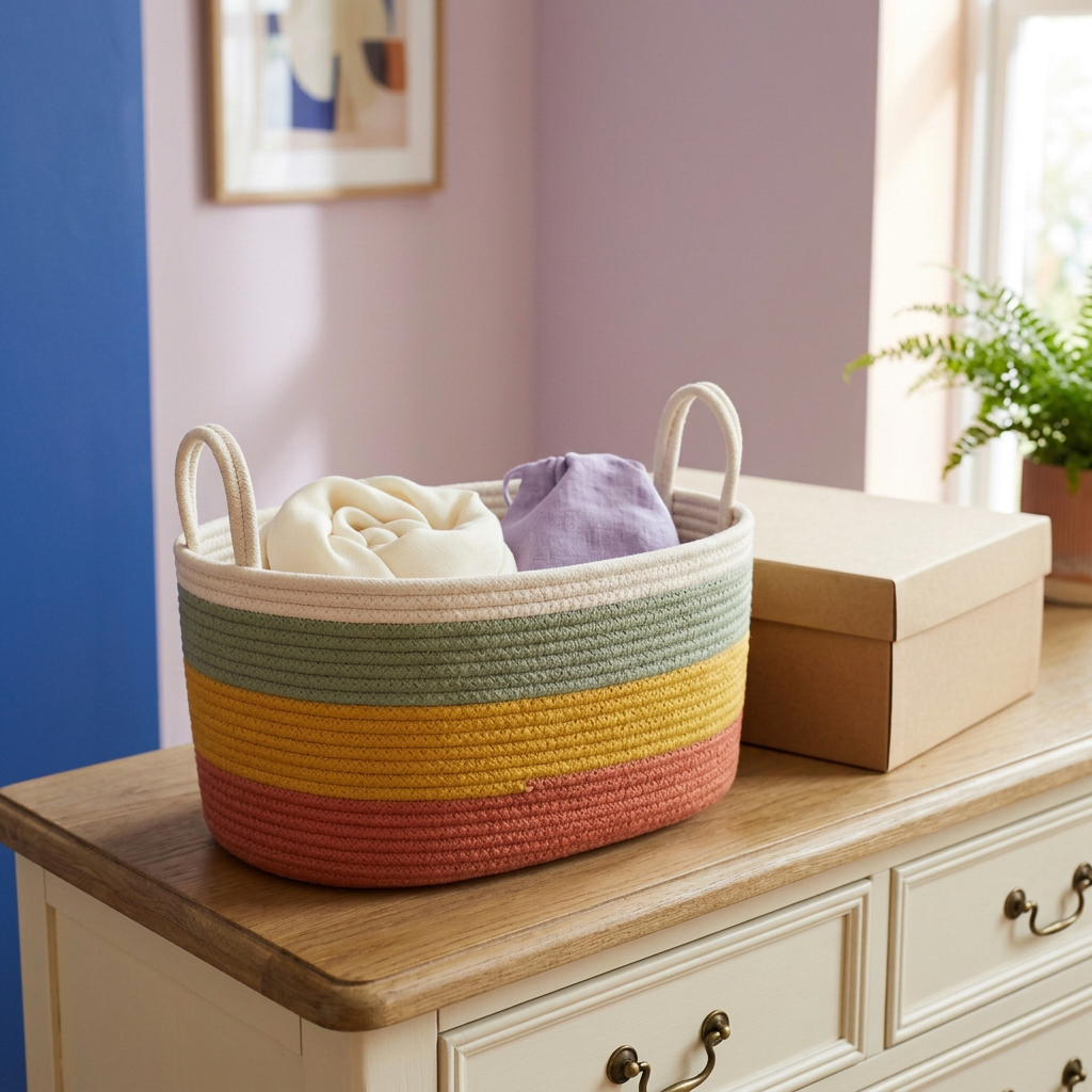 Gather Coast basket styled with cream and lavender textiles on a dresser